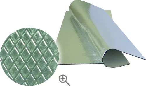 Zajcsillapító, rezgéscsillapító öntapadós bitumen lap – alukasírozott hőtükrös 25x50 cm – BOLL