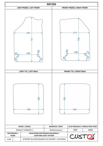 Méretpontos szövetszőnyeg garn. RENAULT KANGOO 1997-2008 – Custo Pol