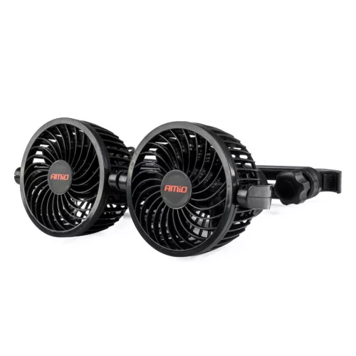 Ventilátor 12V szivargyújtós 2x10 cm (4") átmérőjű állítható rotorral, fejtámlára – AMIO