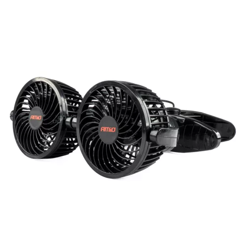 Ventilátor 12V szivargyújtós 2x10 cm (4") átmérőjű állítható rotorral, praktikus csipesszel – AMIO