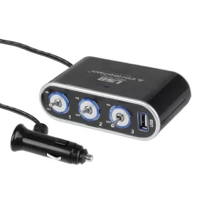   Szivargyújtó elosztó, hármas 12 / 24V kapcsolóval, USB aljzat 1000 mA – Carmotion
