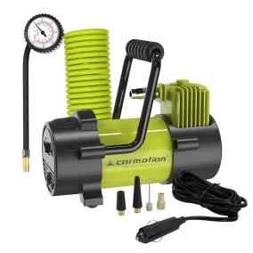   Dugattyús légkompresszor 12V, 10 BAR, 400 cm spiráltömlő analóg nyomásmérővel, 4 adapterrel – Carmotion 