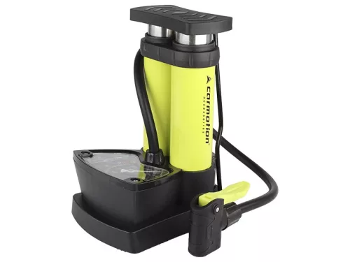 Lábpumpa, mini-pumpa két dugattyúval és nyomásmérővel, 10 BAR/140 PSI – Carmotion